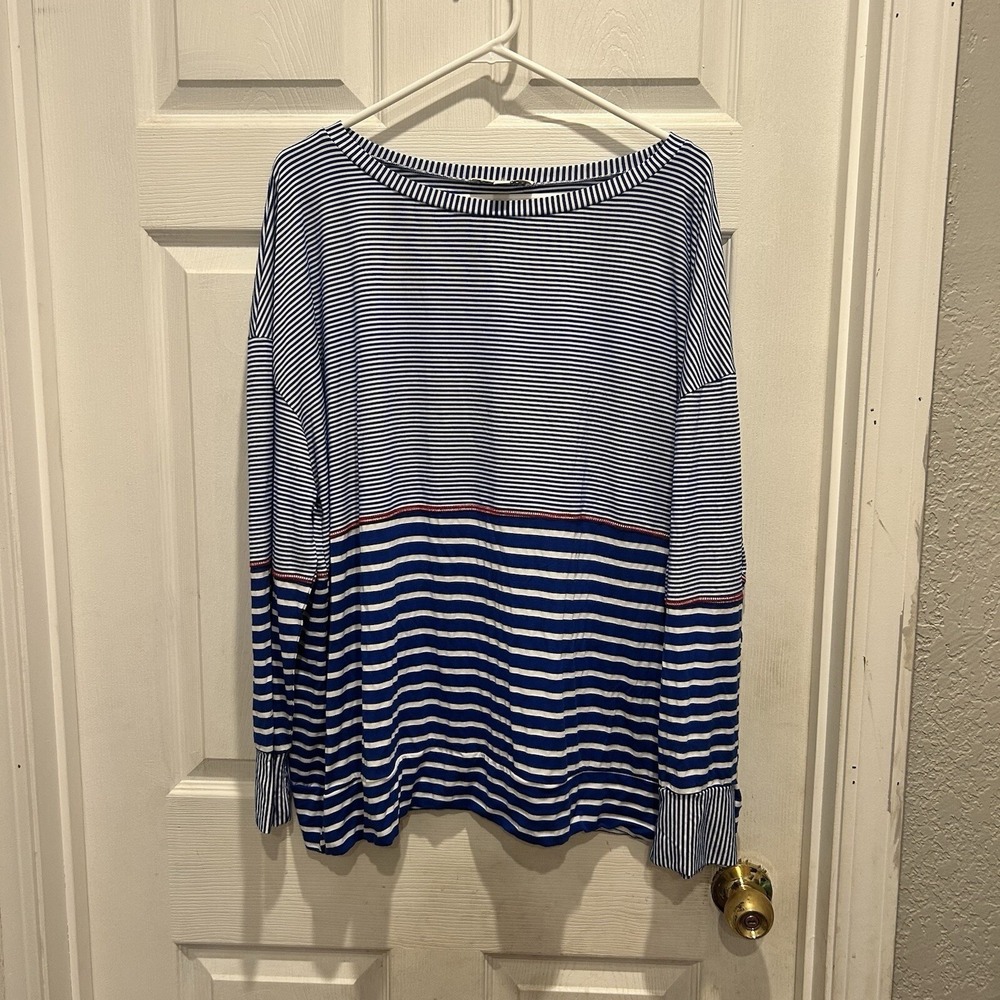 Weekend Suzanne Betro Womens 3X Blue White Striped Boat Neck Long Sleeve Top